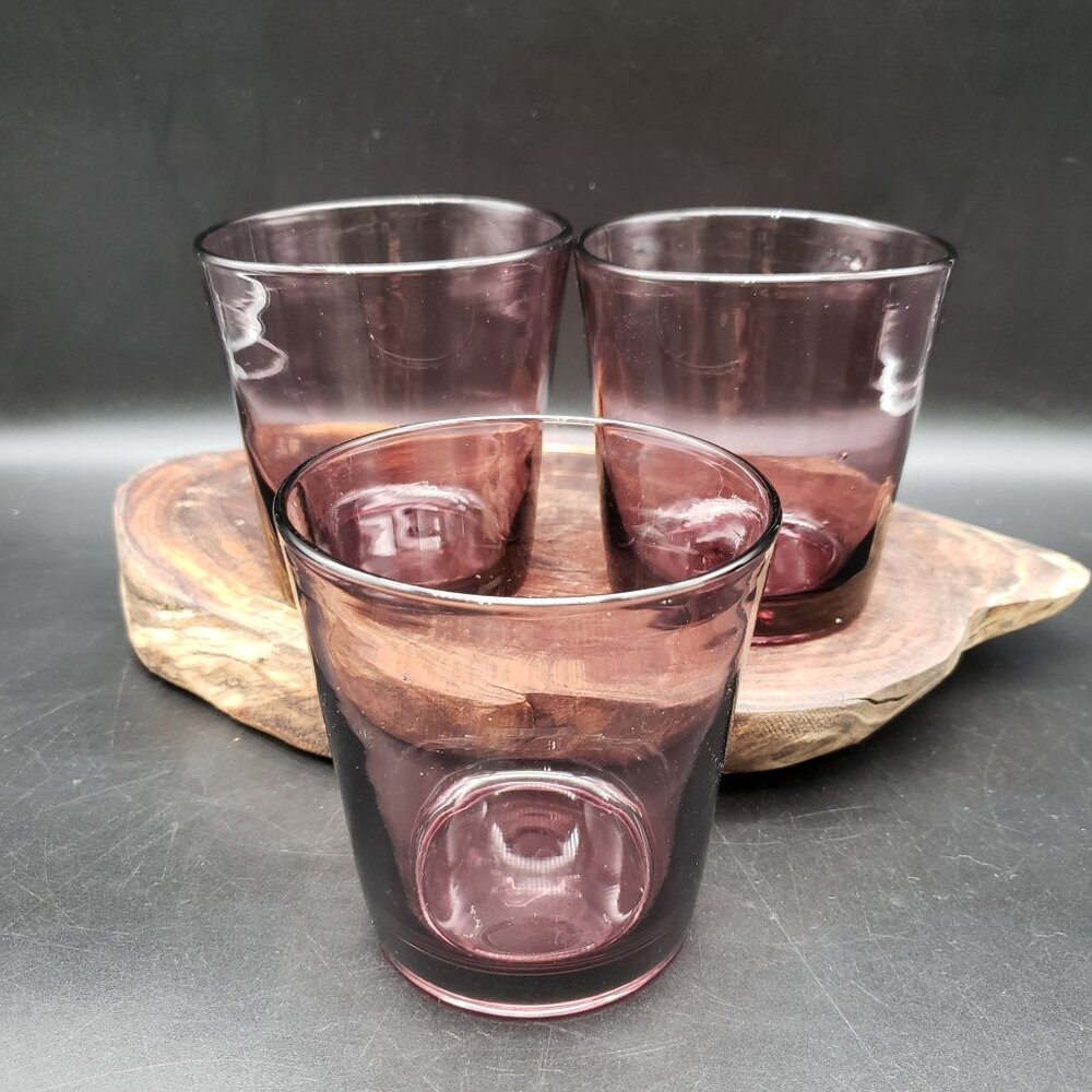 Vintage Amethyst Glass Tumbler Glasses Set of 3 Hand Blown Style 4”